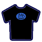 Black t-shirt with blue oval and black lettering