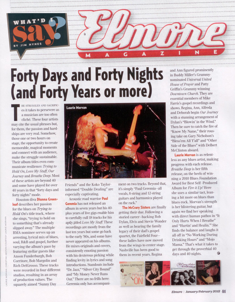 Laurie Morvan featured in Forty Days and Forty Nights by Jim Hynes in Elmore Magazine