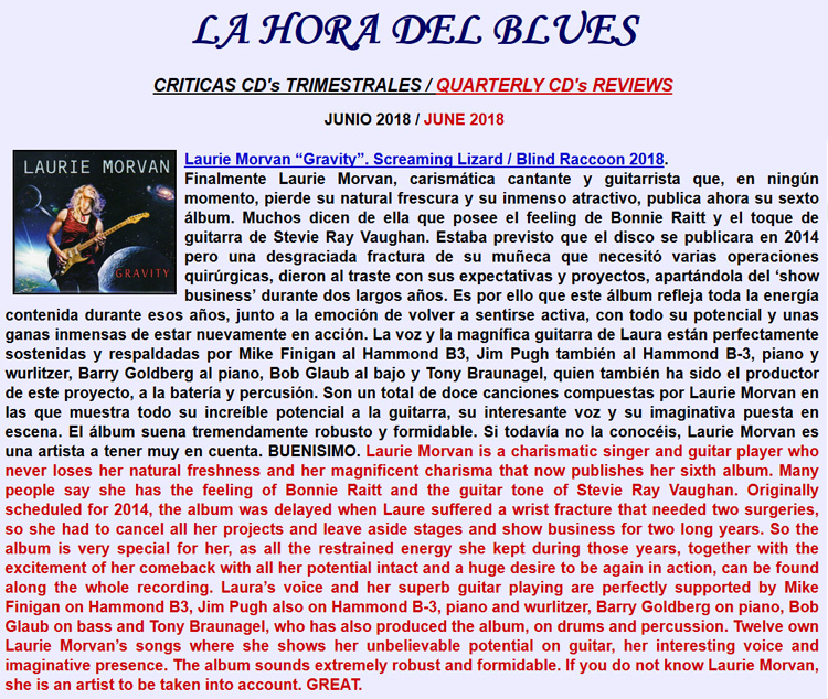 Blues Bytes CD review of GRAVITY by Laurie Morvan