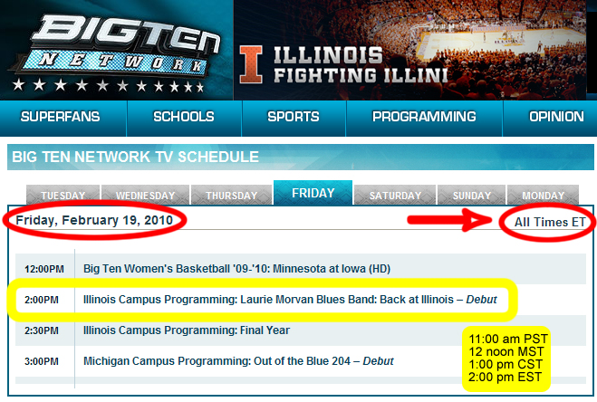 Big Ten Network TV schedule showing air date and time of the Laurie Morvan Band TV special