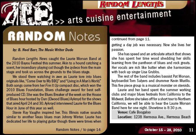 Random Length feature article on Laurie Morvan Band Oct 2010