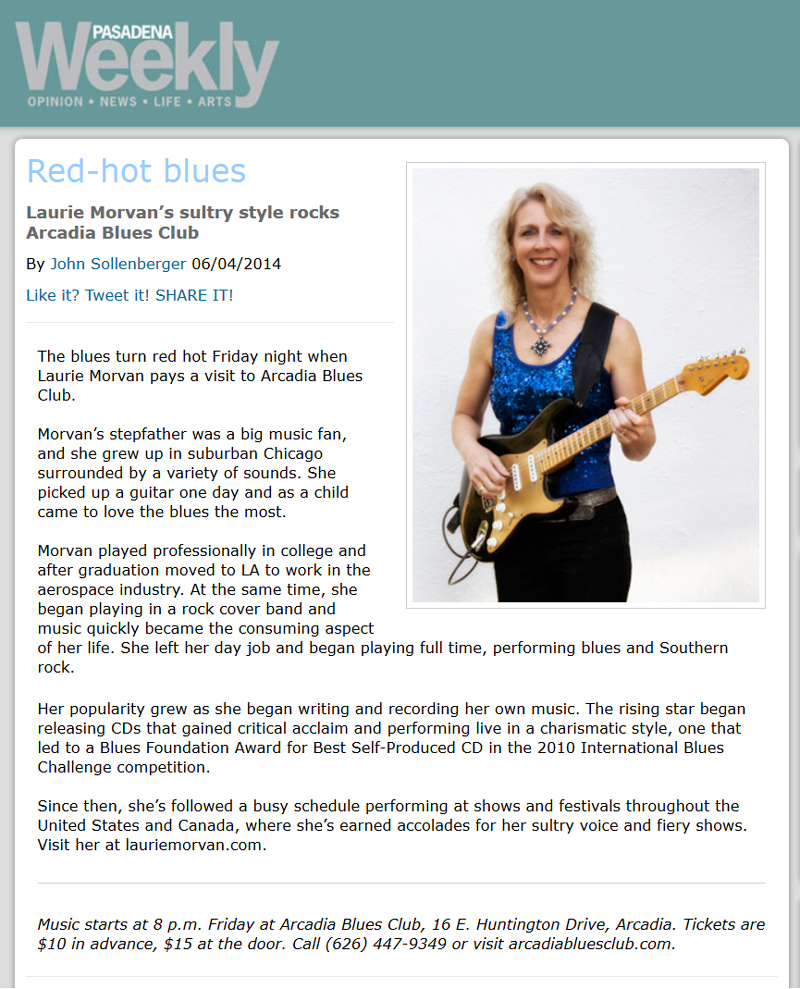 Pasadena Weekly Arts Section Feature Article on the Laurie Morvan Band