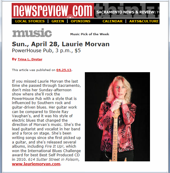 Sacramento News and Reviews names Laurie Morvan Band the Music Pick of the Week