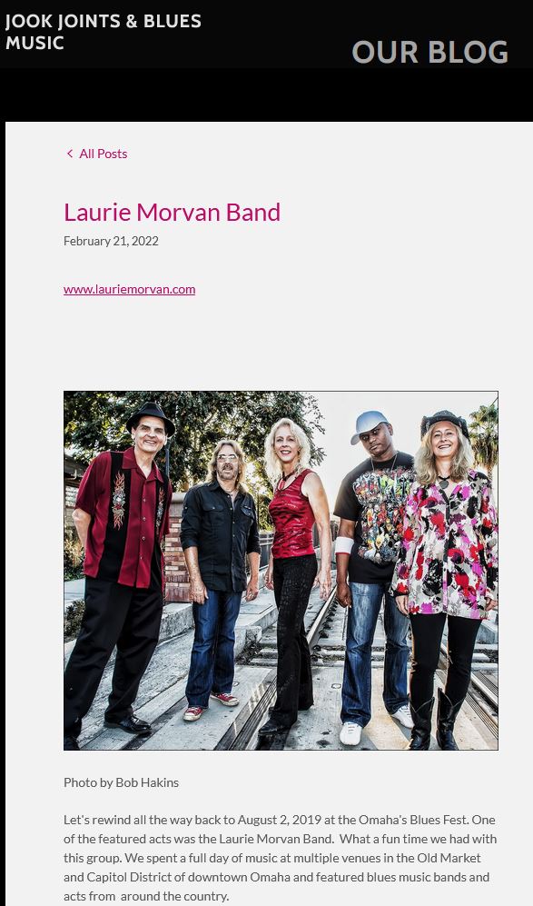 Jook Joints Blues Music Review feature blog article on Laurie Morvan Band on February 21, 2022.